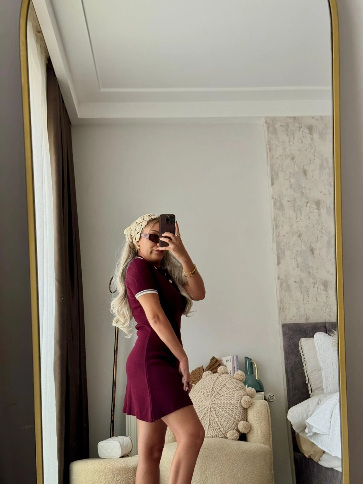 Yarım Düğmeli Kısa Kollu Mini Polo Yaka Triko Elbise BORDO